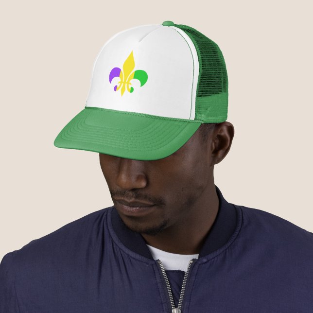 Tuesday Green Yellow Purple Fleur-de-Lis Trucker Hat (In Situ)