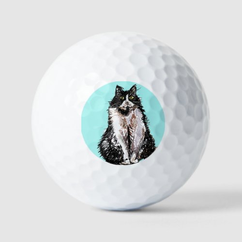 Tuexdo cat Cats Black White Watercolor Dad father Golf Balls