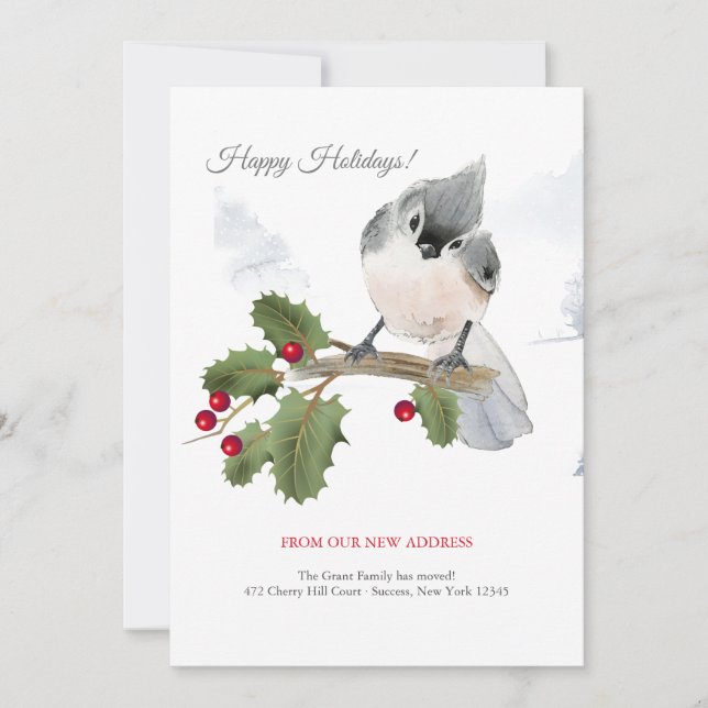 Tufted Bird On Berry Branch Holiday Moving Announ Invitation (Front)