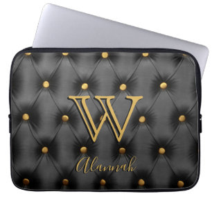 Tufted Black and Gold Monogram Laptop Sleeve
