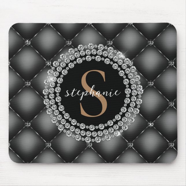 Tufted Black Diamonds Gold Monogram Elegant Luxury Mouse Pad (Front)