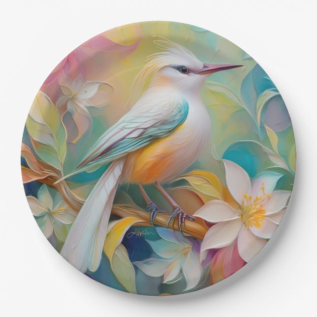 Tufted Golden Rumped Fantasy Bird Paper Plates (Front)