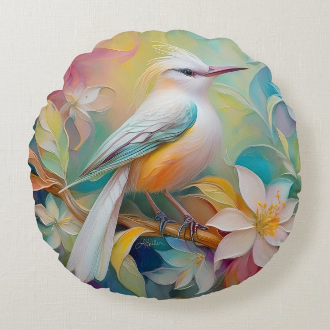 Tufted Golden Rumped Fantasy Bird Round Pillow (Front)
