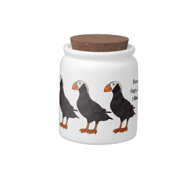 Tufted puffin bird cartoon illustration candy jar (Left)
