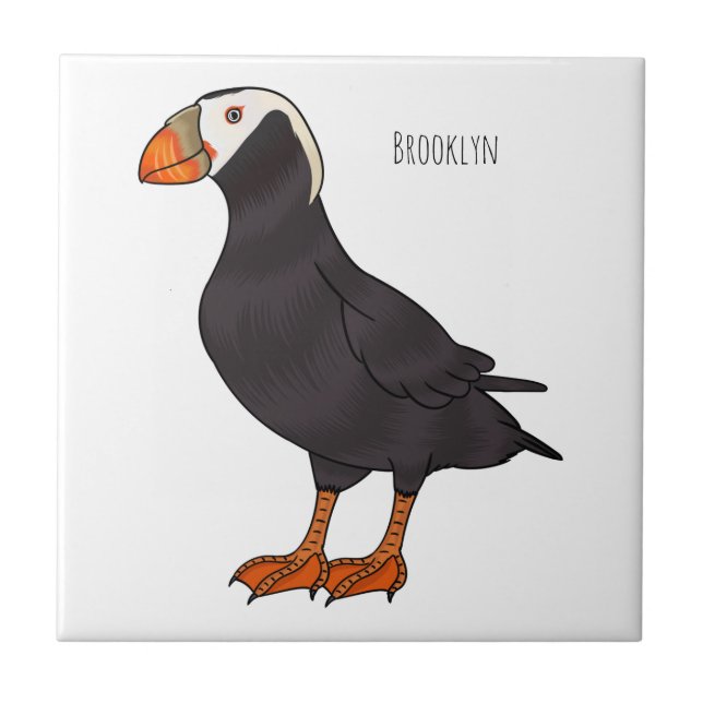 Tufted puffin bird cartoon illustration ceramic tile (Front)