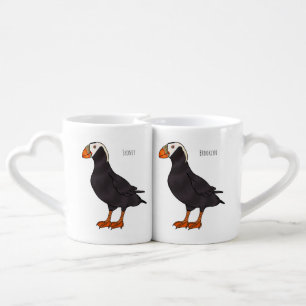 Tufted puffin bird cartoon illustration coffee mug set