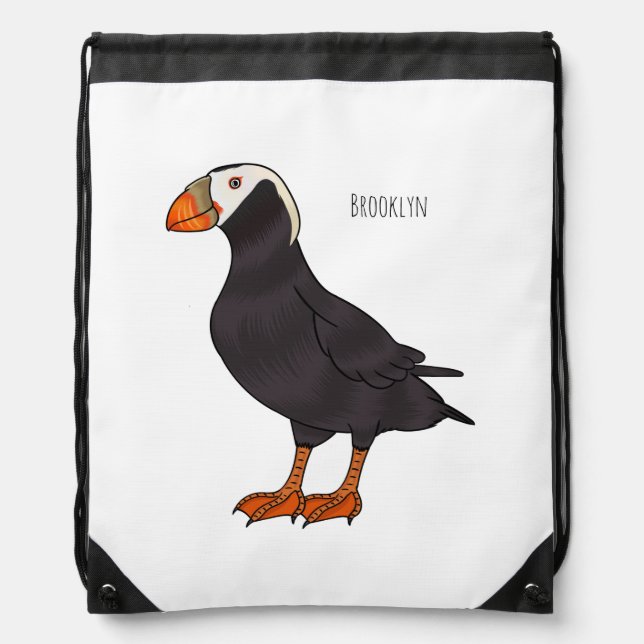 Tufted puffin bird cartoon illustration  drawstring bag (Front)