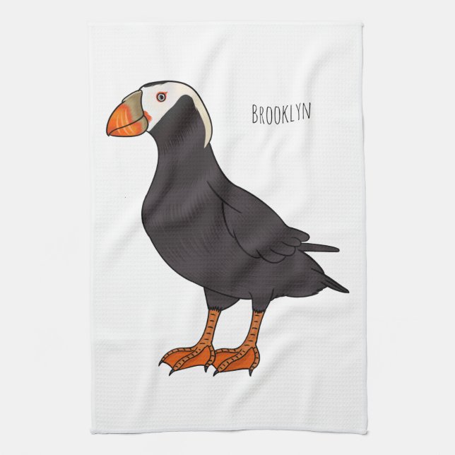 Tufted puffin bird cartoon illustration  kitchen towel (Vertical)
