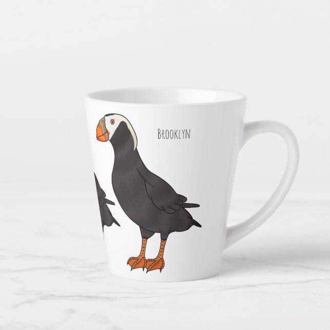 Tufted puffin bird cartoon illustration latte mug (Right)