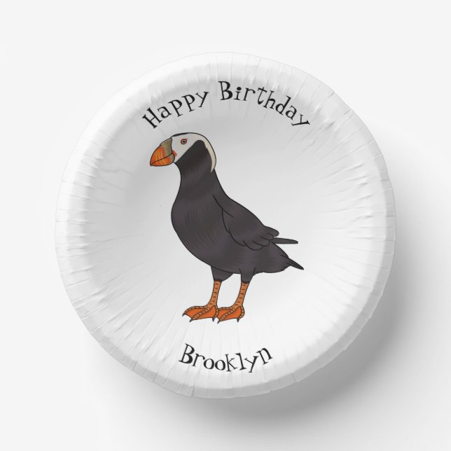 Tufted puffin bird cartoon illustration  paper bowls (Front)