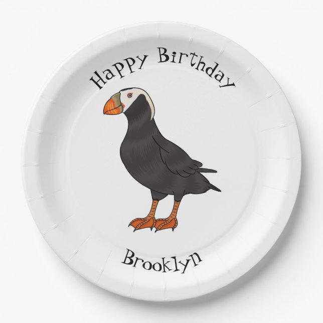 Tufted puffin bird cartoon illustration paper plates (Front)