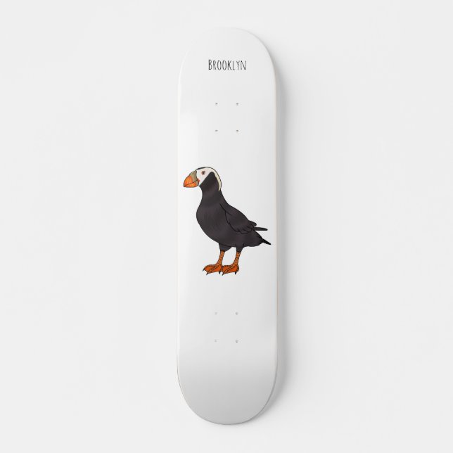 Tufted puffin bird cartoon illustration  skateboard (Front)