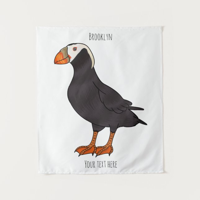 Tufted puffin bird cartoon illustration tapestry (Front)