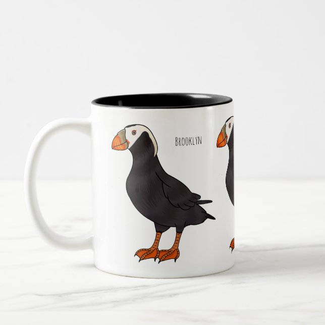 Tufted puffin bird cartoon illustration  Two-Tone coffee mug (Left)