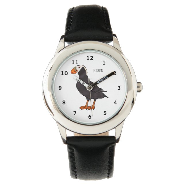 Tufted puffin bird cartoon illustration watch (Front)