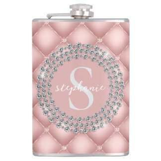 Tufted Sparkly Diamonds Blush Pink Monogram Flask
