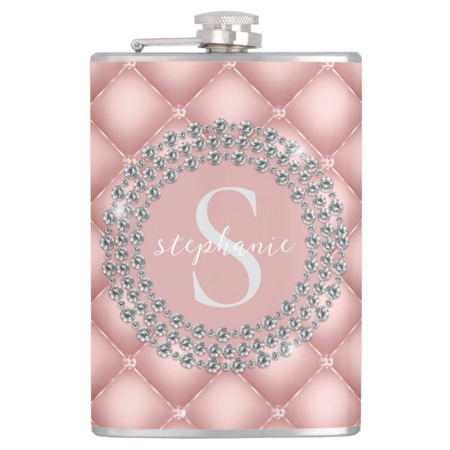 Tufted Sparkly Diamonds Blush Pink Monogram  Flask (Front)