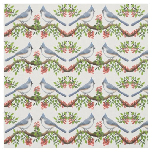 Tufted Titmouse Birds with Berries Fabric