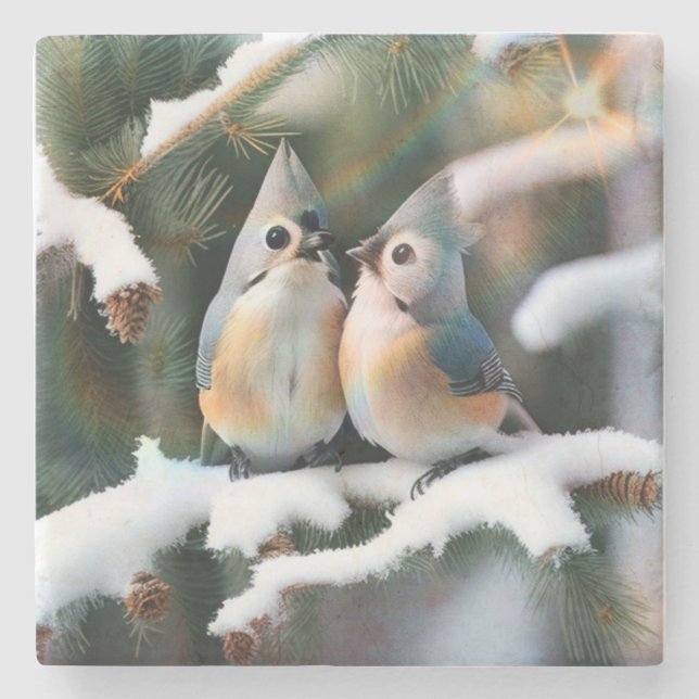 Tufted Titmouse Couple Stone Coaster (Front)