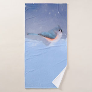 Tufted Titmouse Painting - Cute Original Dog Art Bath Towel Set