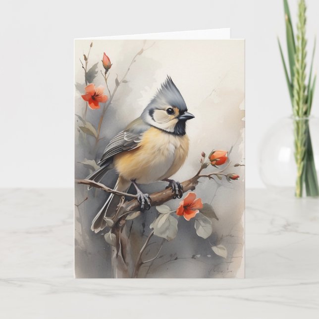 Tufted Titmouse Resting on Tree Red Flowers Blank Card (Front)