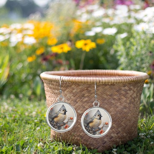 Tufted Titmouse Resting on Tree Red Flowers  Earrings