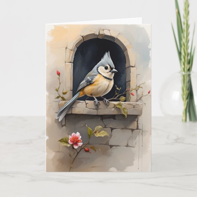 Tufted Titmouse Resting Window Sill Flowers Blank Card (Front)