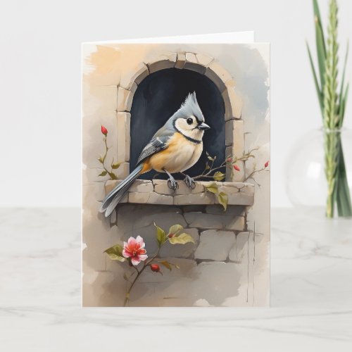 Tufted Titmouse Resting Window Sill Flowers Blank Card