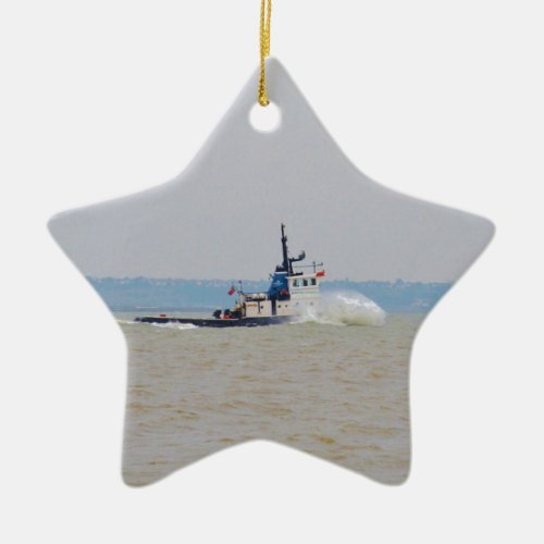 Tug Boat Battling Wind And Tide Ceramic Ornament