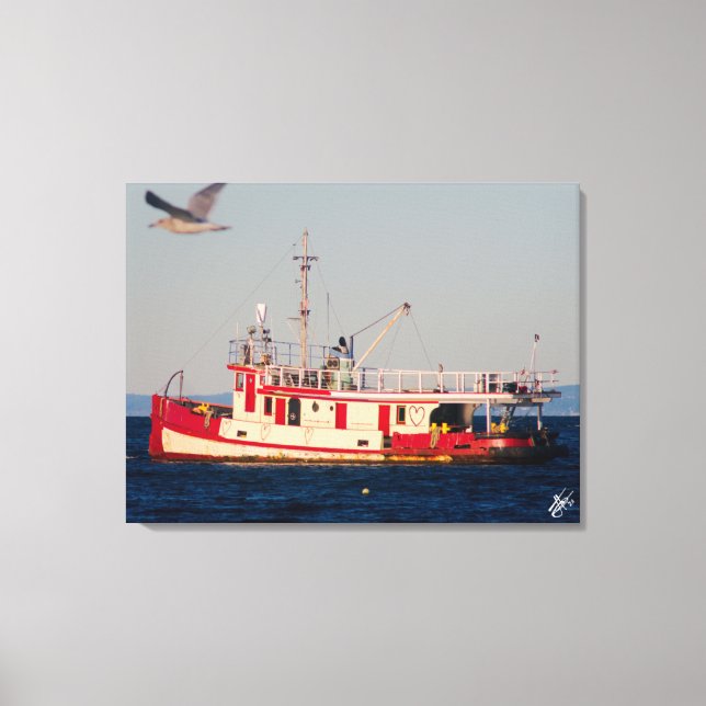 Tug Boat on Mutiny Bay with a bird Canvas Print (Front)