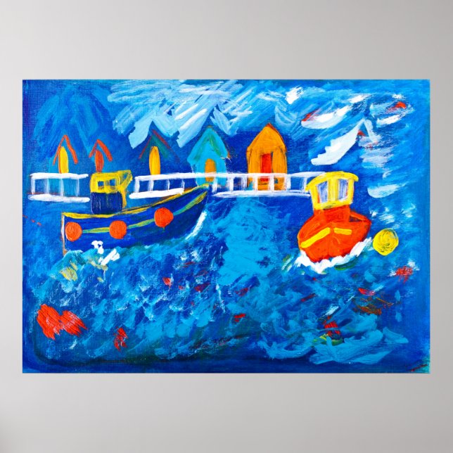 Tug boats at sea acrylic painting by Kay Gale Poster (Front)