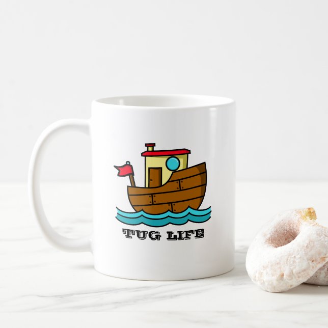 Tug Life Cartoon Tugboat Personalized  Coffee Mug (With Donut)