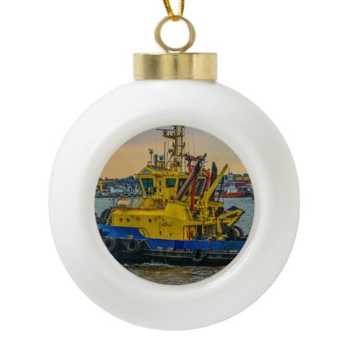 Tugboat sailing at river, montevideo, uruguay ceramic ball christmas ornament