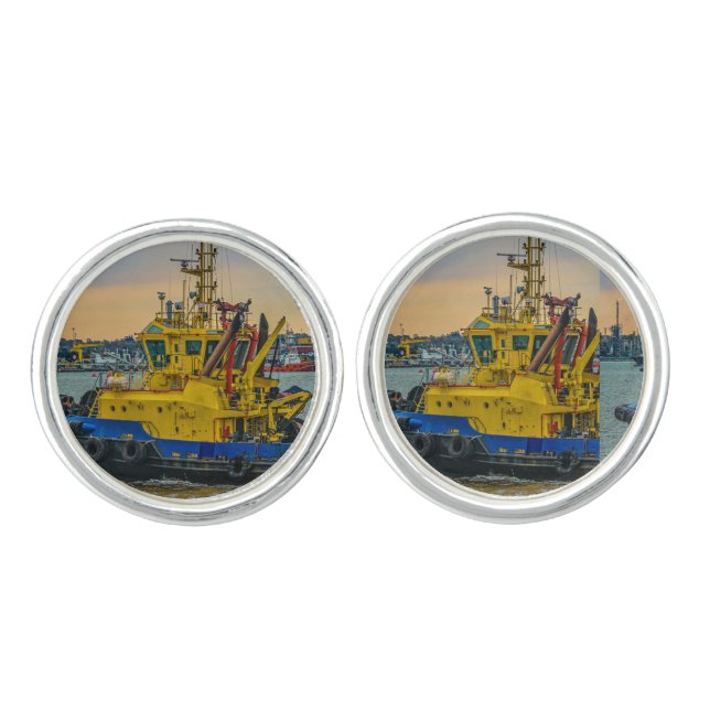 Tugboat sailing at river, montevideo, uruguay cufflinks (Front)