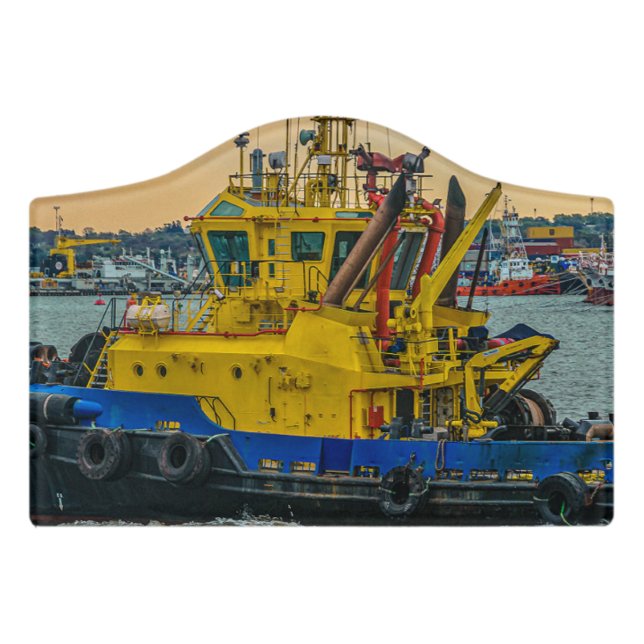 Tugboat sailing at river, montevideo, uruguay door sign (Small Crest Front)