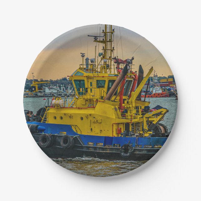Tugboat sailing at river, montevideo, uruguay paper plates (Front)