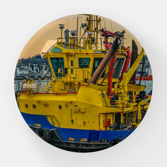 Tugboat sailing at river, montevideo, uruguay paperweight (Front)