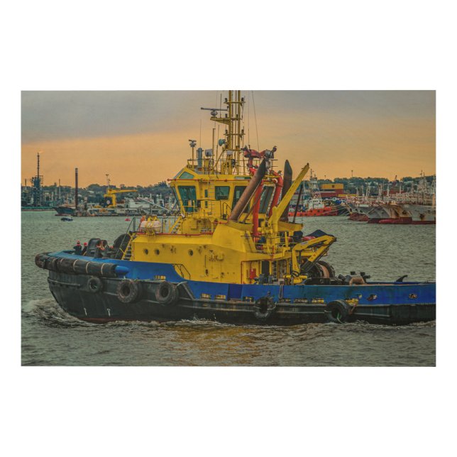 Tugboat sailing at river, montevideo, uruguay wood wall art (Front)