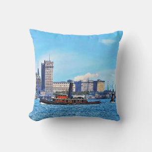 Tugboats Near the New York City Skyline c1906 Throw Pillow