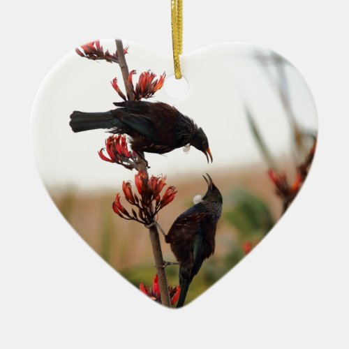 Tui birds on New Zealand flax bush Ceramic Ornament