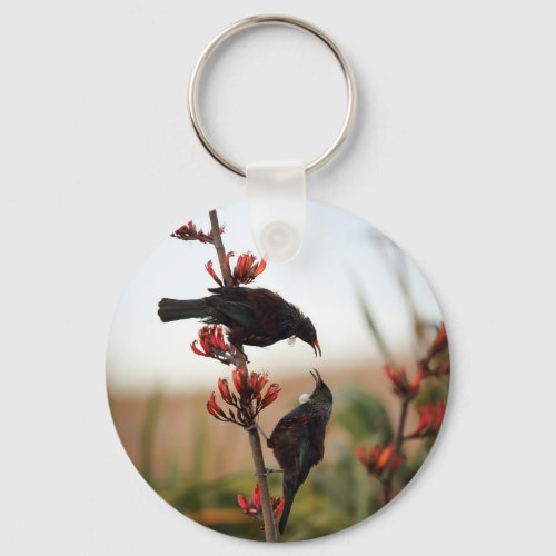 Tui birds on New Zealand flax bush Keychain