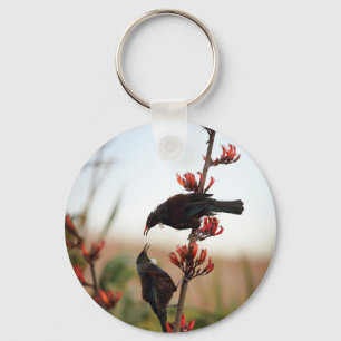 Tui birds on New Zealand flax Keychain