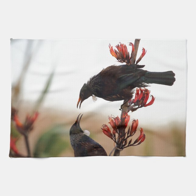 Tui birds on New Zealand flax Kitchen Towel (Horizontal)