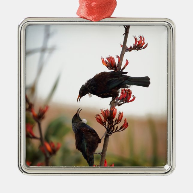 Tui birds on New Zealand flax Metal Ornament (Front)