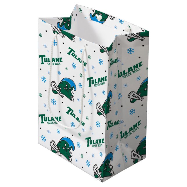 Tulane University Green Wave Holiday Pattern Medium Gift Bag (Front Angled)