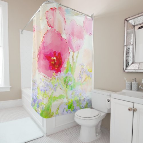 Tulip and Forget_Me Not Watercolor Shower Curtain