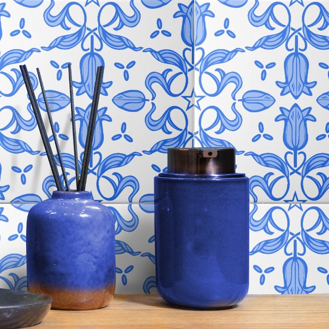 Tulip and star patterned blue white ceramic tile (Creator Uploaded)