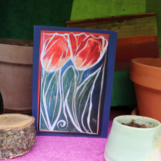 Tulip Artwork blue and red tulips spring           Card