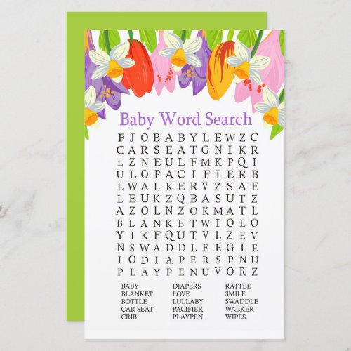 Tulip Baby Shower Word Search Game