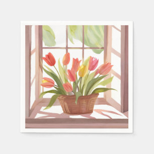 Tulip Basket Floral Watercolor Window Painting Napkins